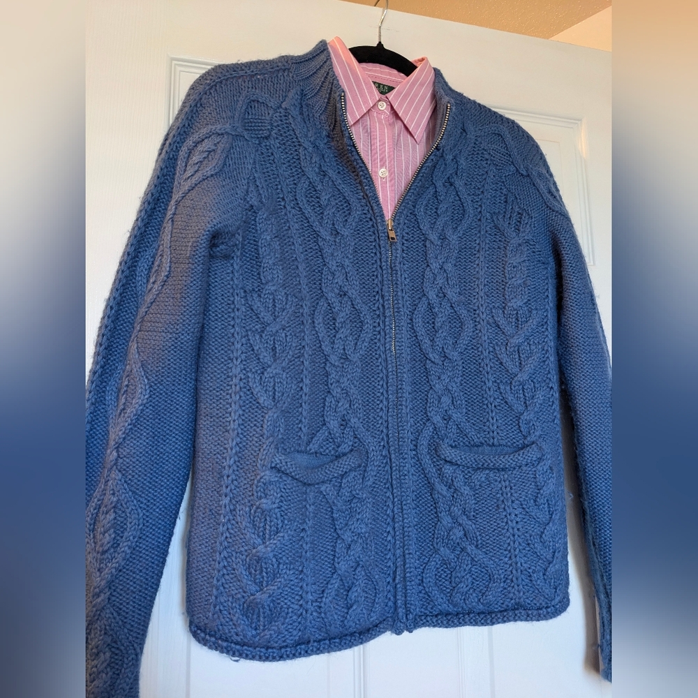 Zip Up Knitted Cardigan Sweater Wool Pockets Cottagecore Homy Cozy Blue Sz M